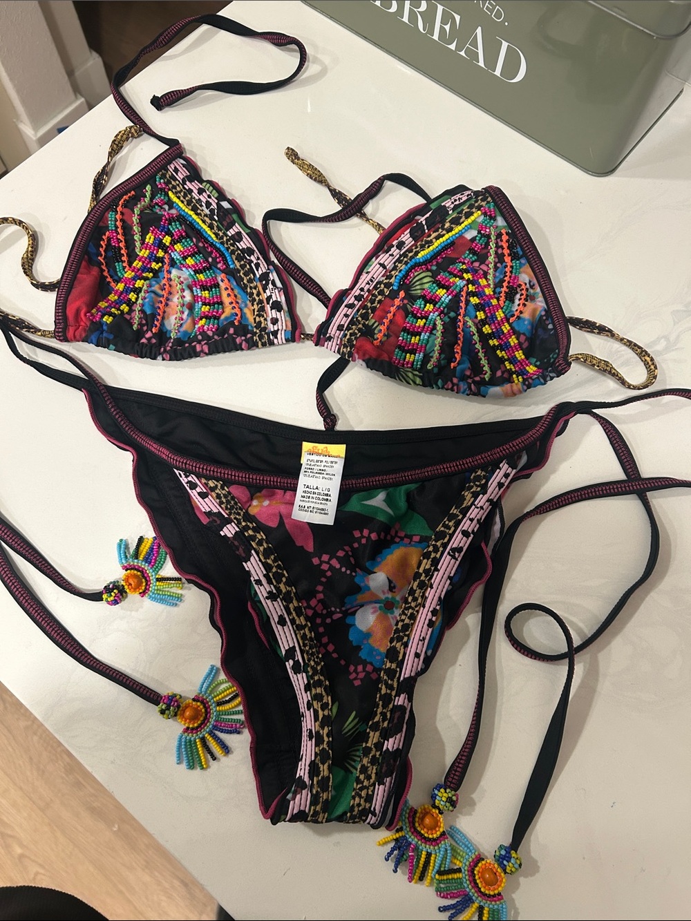 Agua Bendita Beaded Black Floral Triangle Bikini - Women Swim